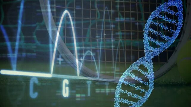 Animating tennis court scene with floating 3D DNA helix and data grid, showing racket, ball