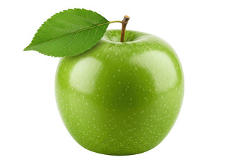 Vibrant green apple glistens a leafy crown adorns its top against an abyss