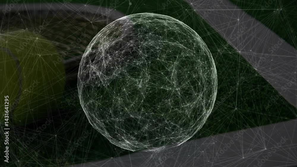 Poster wireframe network sphere floating above lawn and paving stones, extending linked nodes and lines
