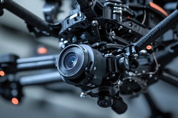 Close-up of a professional drone's high-resolution camera gimbal system.