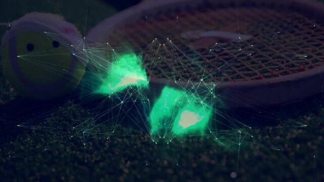 Tennis racket and smiley tennis ball being animated on green court, with glowing 3D mesh overlay