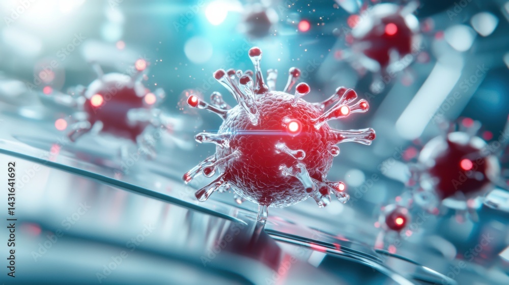 Poster a conceptual image depicting advanced cybernetic nanobots fighting against a complex, futuristic vir