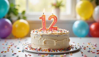 Colorful birthday cake with candles for April 12th celebration, joy