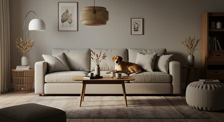 Dog on Sofa in Cozy Living Room