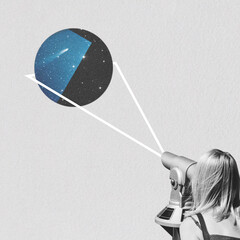 Abstract collage illustration of woman watching and observing stars with telescope. Grunge and noise effect applied, retro vintage style. Elements of this image furnished by NASA