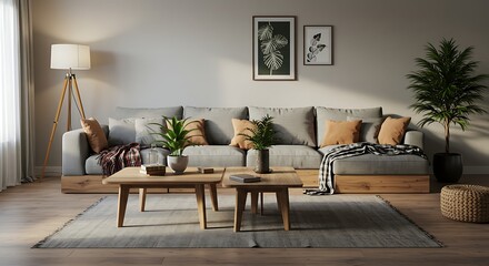 Living Room with Sofa Plants and Coffee Table