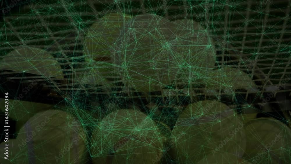 Poster cluster of tennis balls floating in metal rack grid, showing translucent green node network overlay