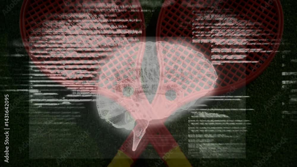 Poster red paddle rackets forming v shape on green turf while glitch lines, skull and code scrolling