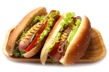 Tasty hot dogs with vegetables isolated on white