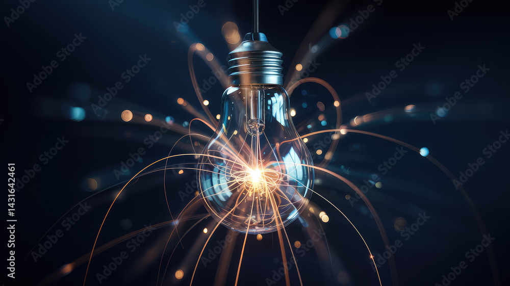 Poster spark of innovation: a glowing light bulb, symbolizing an inventive idea or new technology, emits a 