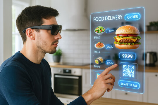 Young man uses augmented reality glasses to interact with a digital food delivery menu, selecting items like burger and sushi.