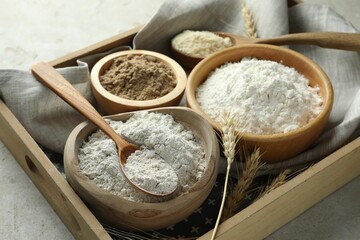 Different types of flour on light grey table, closeup