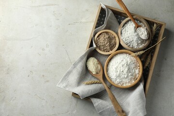 Different types of flour on light grey table, top view. Space for text