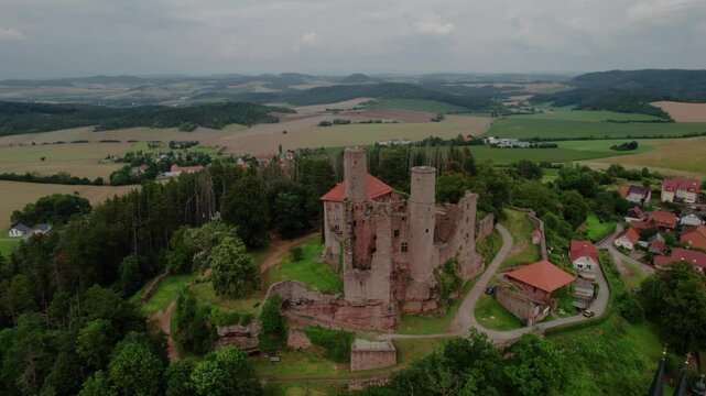 Aerial view of Ruins of Hanstein Castle in Germany. The old Hanstein Castle near Rimbach Bornhagen in Germany. Hig definition 4K video.