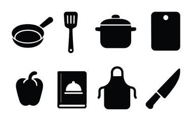 Culinary kitchen tools icon set – solid style cookware, cooking essentials, and food prep symbols for chefs: frying pan, spatula, pot, cutting board, pepper, cookbook, apron, knife.