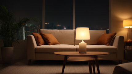 Modern living room under warm lighting