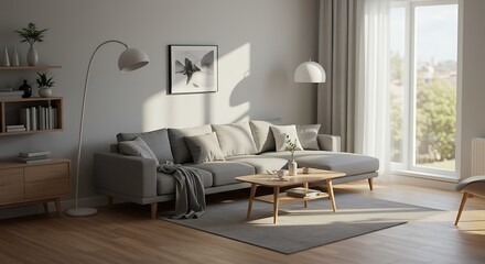Living Room with Gray Sofa and Wooden Furniture