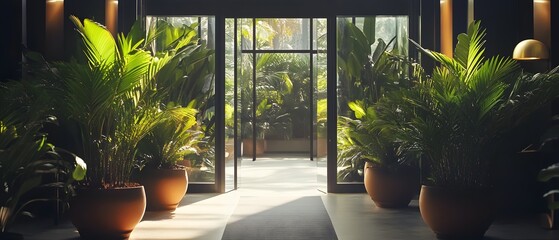 Fototapeta premium A contemporary cinematic inspired glass entrance surrounded by potted tropical plants illuminated by natural light streaming through the large