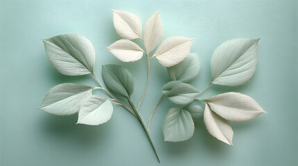 Obraz premium Delicate paper leaves in calming pastel shades arranged artistically on a soft green backdrop