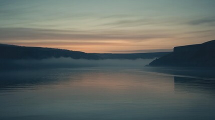 Fototapeta premium Serene sunrise over a misty river valley.