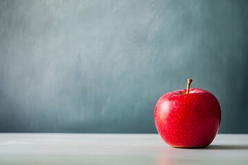 A vibrant red apple sits on a neutral surface against a textured gray background a study in simplicity.