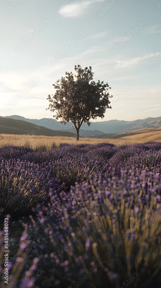 Poster a lush lavender field stretches out with a single tree standing tall at the end and gently rolling h