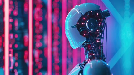 Obraz premium Abstract of artificial intelligence concept. Intelligent robot with neon light effect. Assistance waiting prompt to generate digital data or working convey sense of fantasy and futuristic. AIG53.