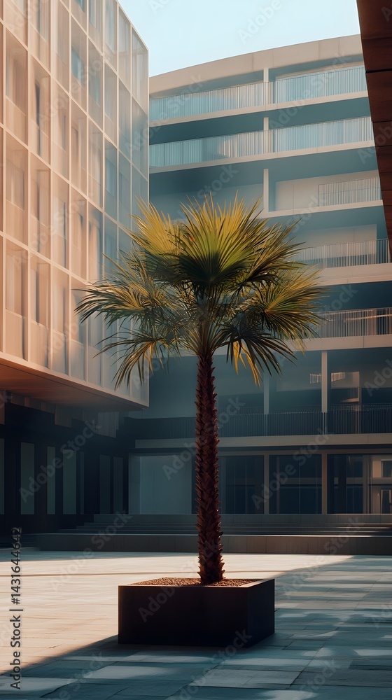 Poster a palm tree planted in a space bordered by modern buildings with a cinematic play of light and shado