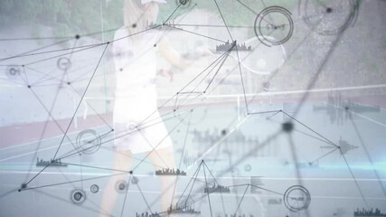 female tennis player preparing strike on hard court, showing AR sports analytics with HUD graphs - Powered by Adobe