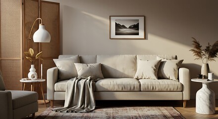 Beige Sofa with Throw Pillows and Blanket