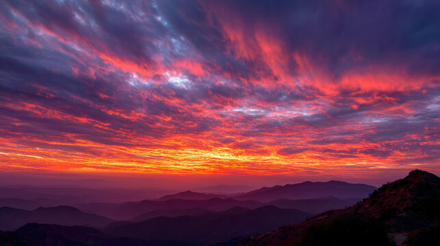 Majestic mountain range silhouette with a breathtaking colorful sunset sky featu vibrant hues of pink, orange, and purple creating an awe-inspi vista.