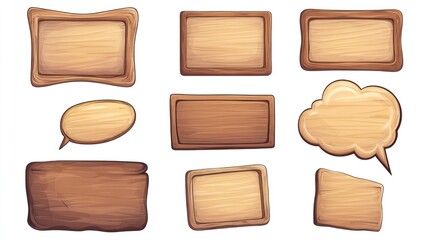 Collection of various wooden signs, frames, and speech bubbles with blank space for text or image.