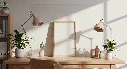Desk with Frame, Plants, and Lamps