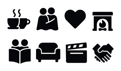 Cozy lifestyle silhouette icons set – solid style home, leisure, and comfort symbols for personal and family projects: coffee cup, embrace, heart, fireplace, reading, sofa, clapperboard, handshake.