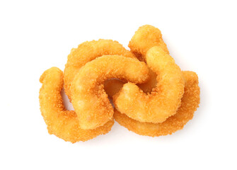 Many tasty tempura shrimps isolated on white, top view