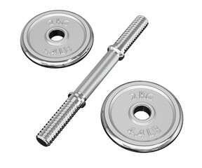Parts of cast iron chrome Adjustable Dumbbell, rod and weight plates, isolated on white background. 3D illustration