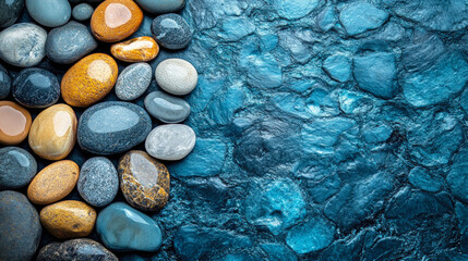 Smooth colorful pebbles arranged on a rough blue stone background, ideal for spa, zen, nature, and background design concepts.
