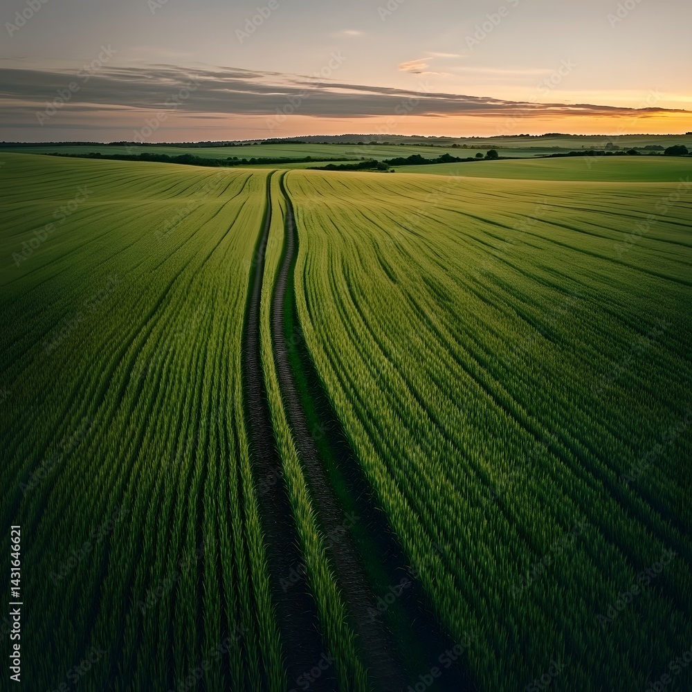 Aufkleber winding vehicle tracks cut through a vast green wheat field creating a captivating pattern under the