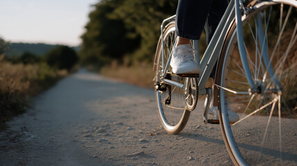Close-Up of Legs Pedaling a Bike on a Country Path at Golden Hour