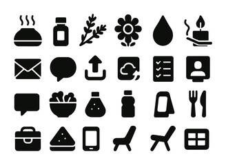 Lifestyle solid icons set &ndash; flat style daily life, wellness, and communication symbols: herb, flower, candle, message, checklist, person, food, chair