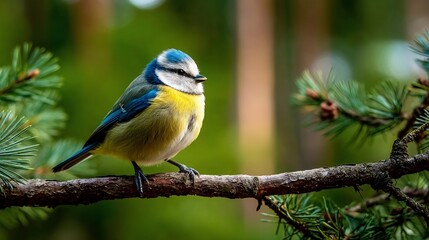 Obraz premium Vivid blue and yellow bird perched on a pine branch