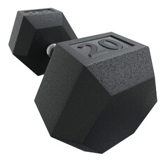 Hex Dumbbell with number 20, weightlifting gym equipment side view. Png clipart isolated on transparent background