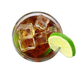 Tasty Cuba Libre cocktail in glass isolated on white, top view