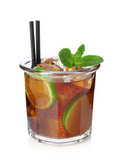 Tasty Cuba Libre cocktail in glass isolated on white