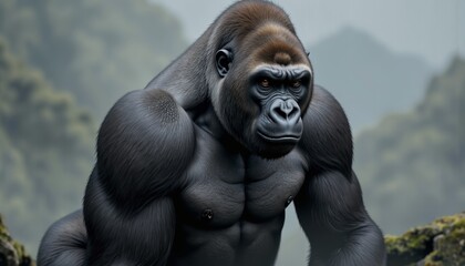 Fototapeta premium Powerful gorilla exhibiting strength in a lush jungle background 