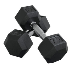 Hex Dumbbells with number 7.5, weightlifting gym equipment side view. Png clipart isolated on transparent background
