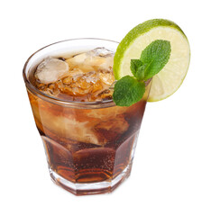 Refreshing Cuba libre cocktail with mint isolated on white
