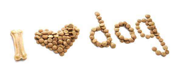Phrase I love dog made of dry pet food and chew bone isolated on white