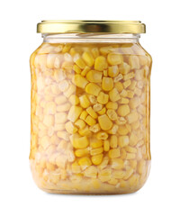 Tasty pickled corn kernels in jar isolated on white