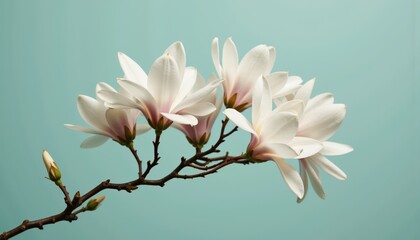 Elegant magnolia flowers blooming against a soft teal background  
